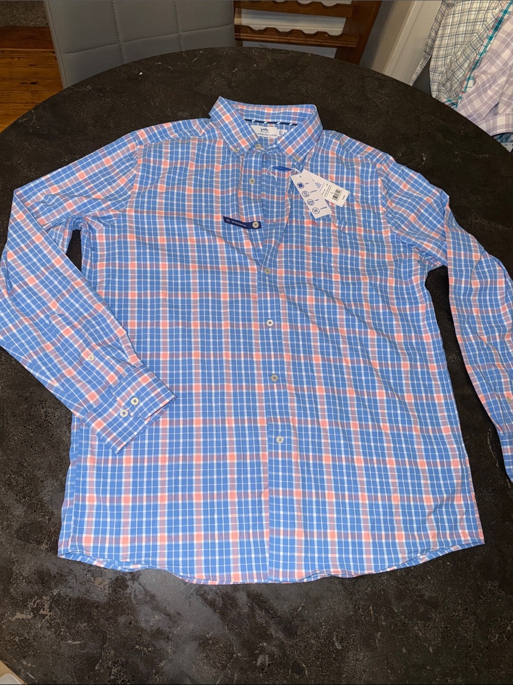 Southern Tide Blue and Coral Plaid Button-Down Shirt
